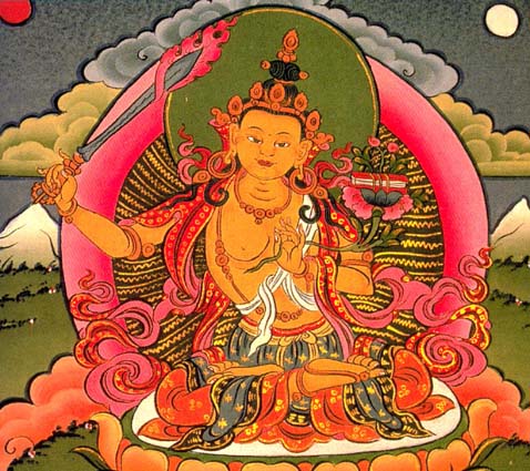 Le Boddhisattva Manjusri :  aîné de boddhisattva, il aurait répandu la doctrine en Chine et au Tibet, seigneur de la sagesse inspirant chaque être soucieux de répandre la Doctrine.